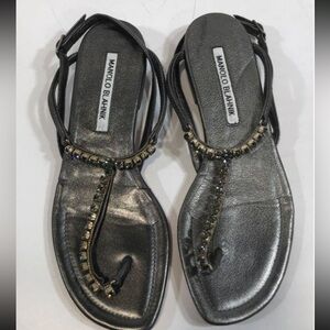 NEW!! Women’s Manolo Blahnik “Tinfross” Gray Leather Embellished Sandals Size 37